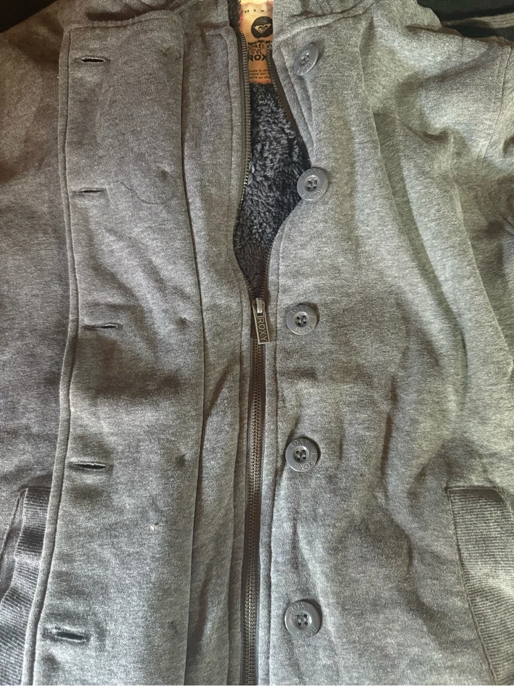 Roxy Heather Gray Teddy Hooded Double-Breasted Jacket